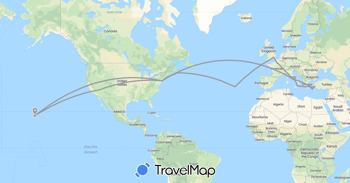 TravelMap itinerary: plane in Canada, France, United Kingdom, Greece, Italy, Portugal, Turkey, United States (Asia, Europe, North America)